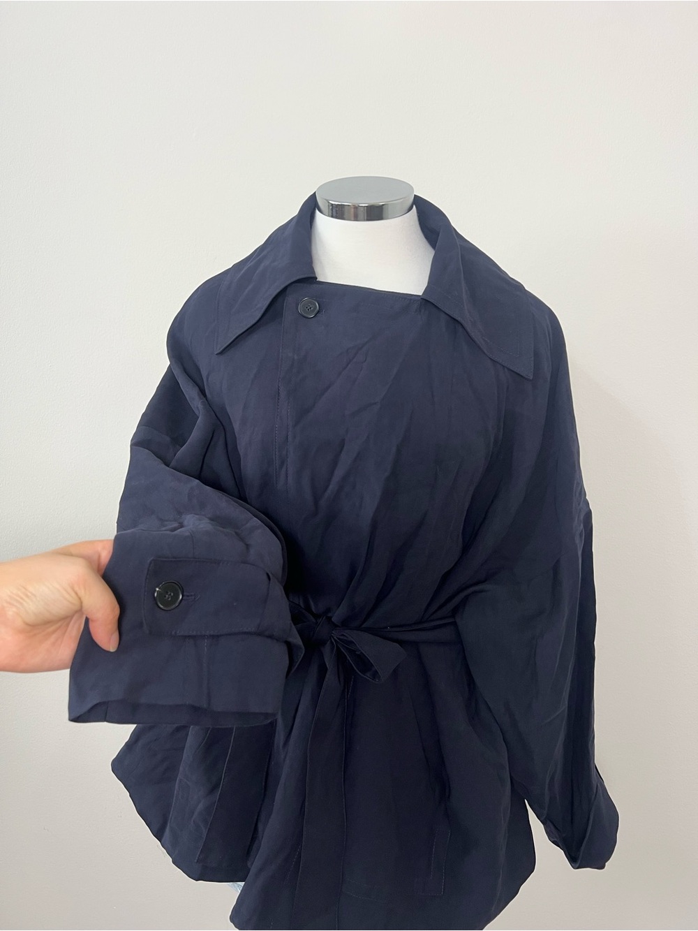 Zara ZW Collection Short Flowy Trench Coat Navy Blue Large NWT Belted Jacket - Picture 5 of 14